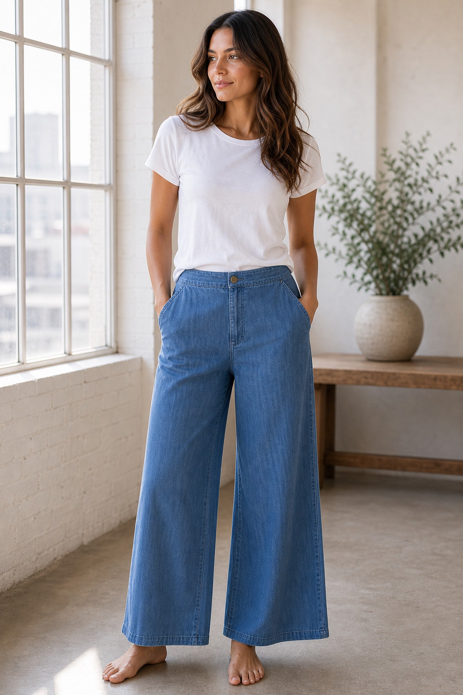 Azure Drift High-Rise Wide-Leg Chambray Pants