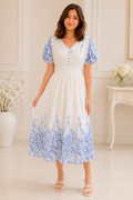 Azure Meadow Blue Floral Smocked Midi Dress