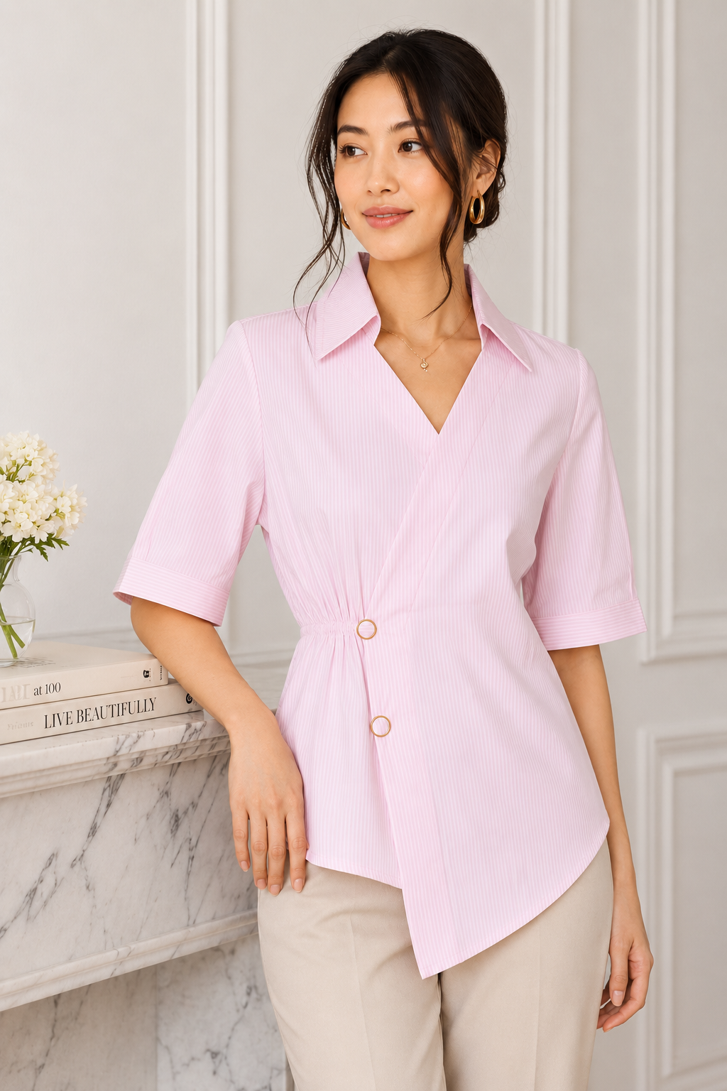 Blush Line Pinstripe Asymmetric Wrap Top
