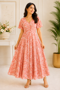 Amara Coral Bloom Fit-and-Flare Midi Dress
