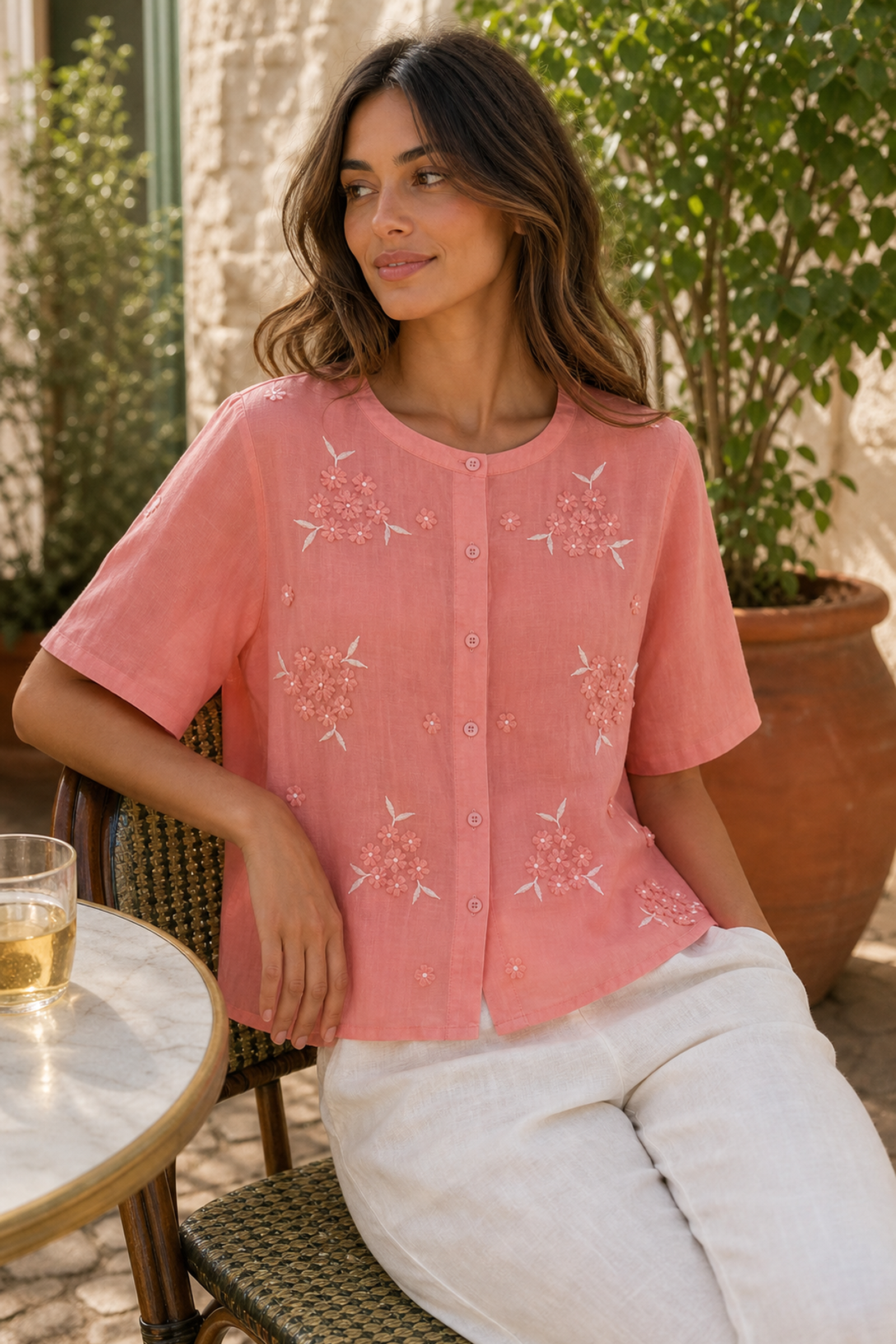 Coral Embroidered Button Shirt