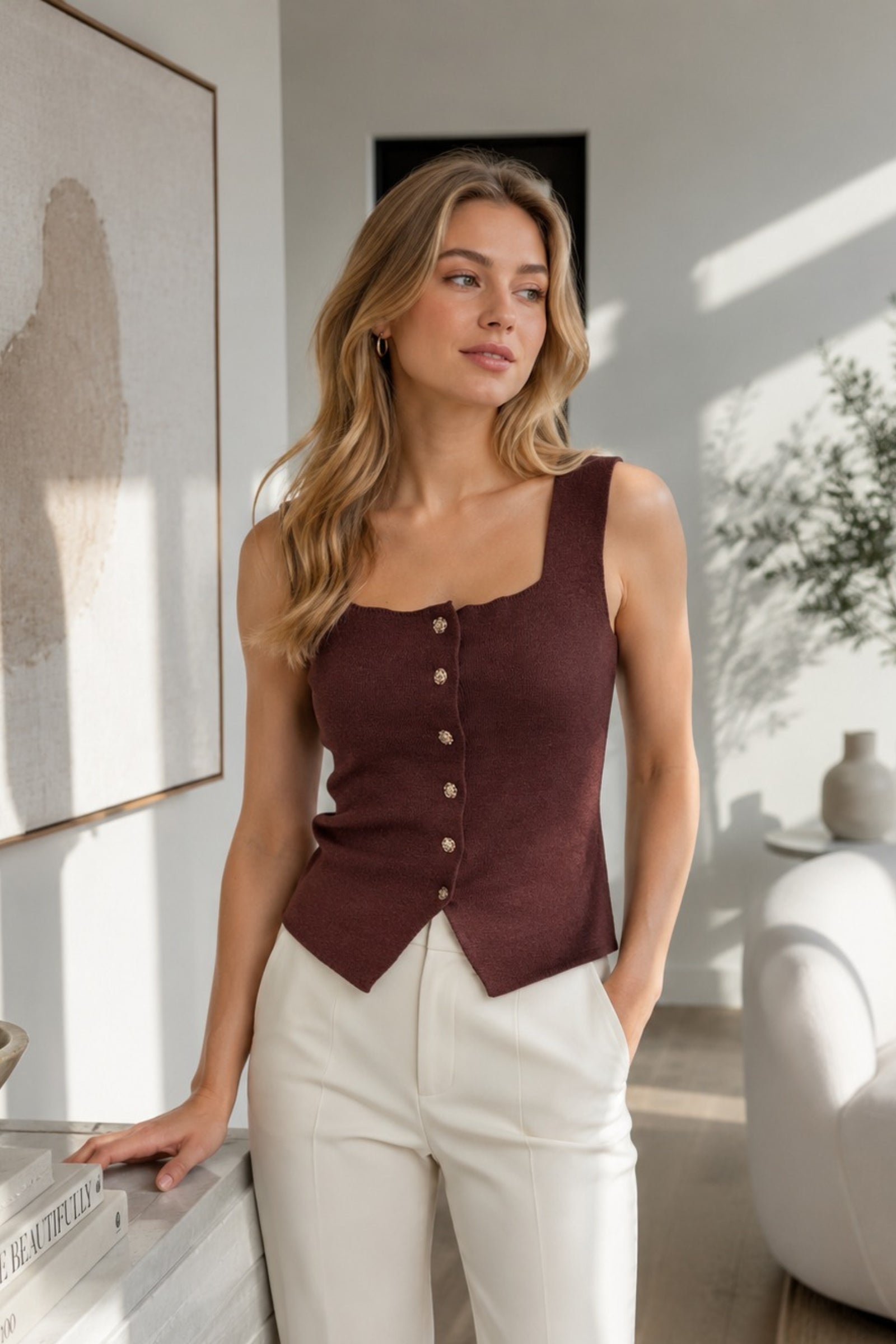 Espresso Brown Sleeveless Button Knit Top