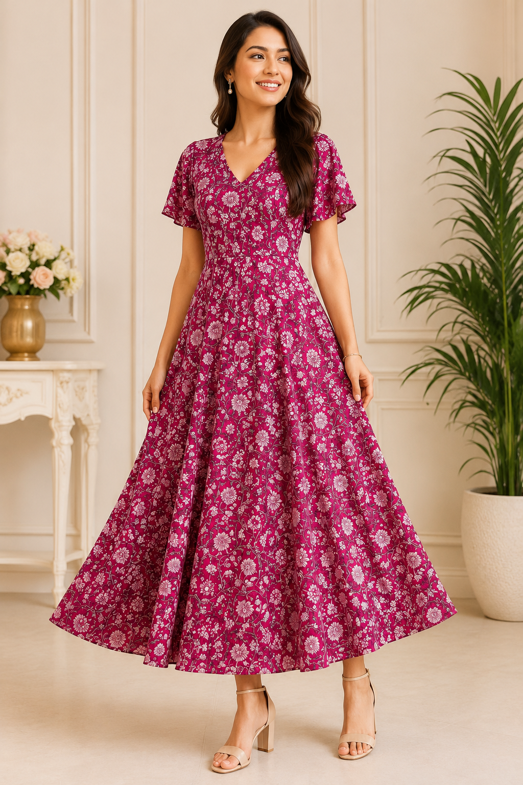 Aarika Fuchsia Floral Fit-and-Flare Maxi Dress