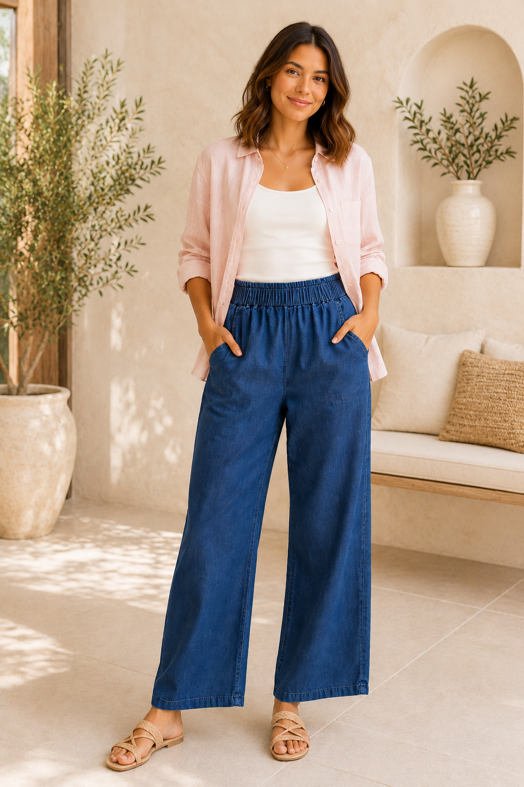 Indigo Ease Elastic-Waist Chambray Trousers