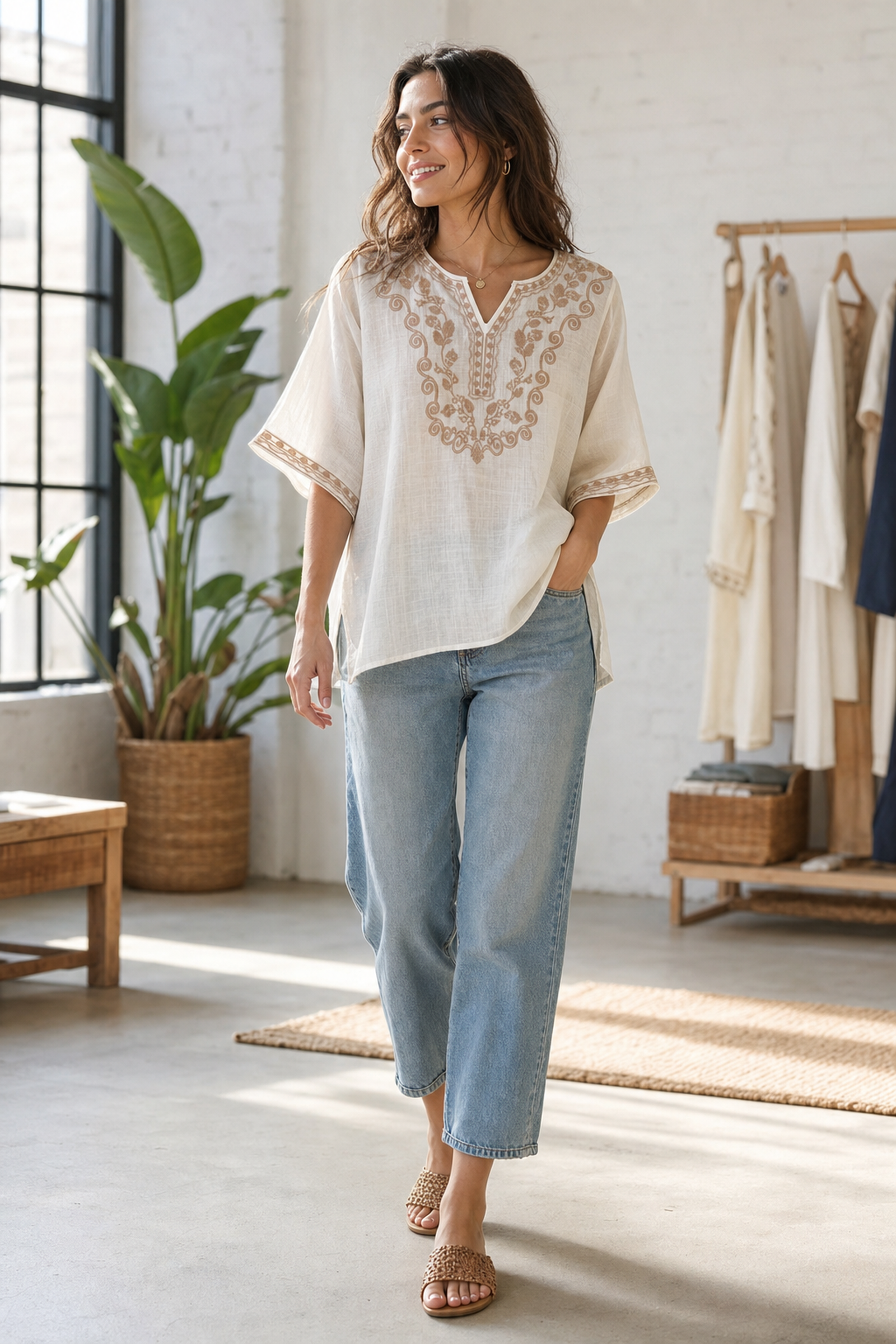 Ivory Grace Embroidered Tunic Top