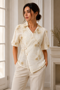 Ivory & Gold Floral Embroidered Wrap Top