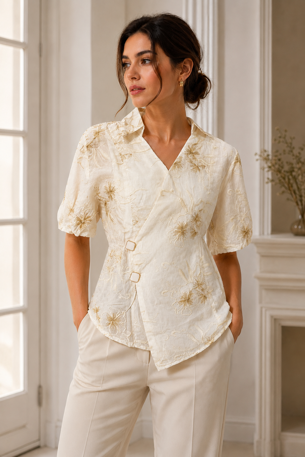 Ivory & Gold Floral Embroidered Wrap Top