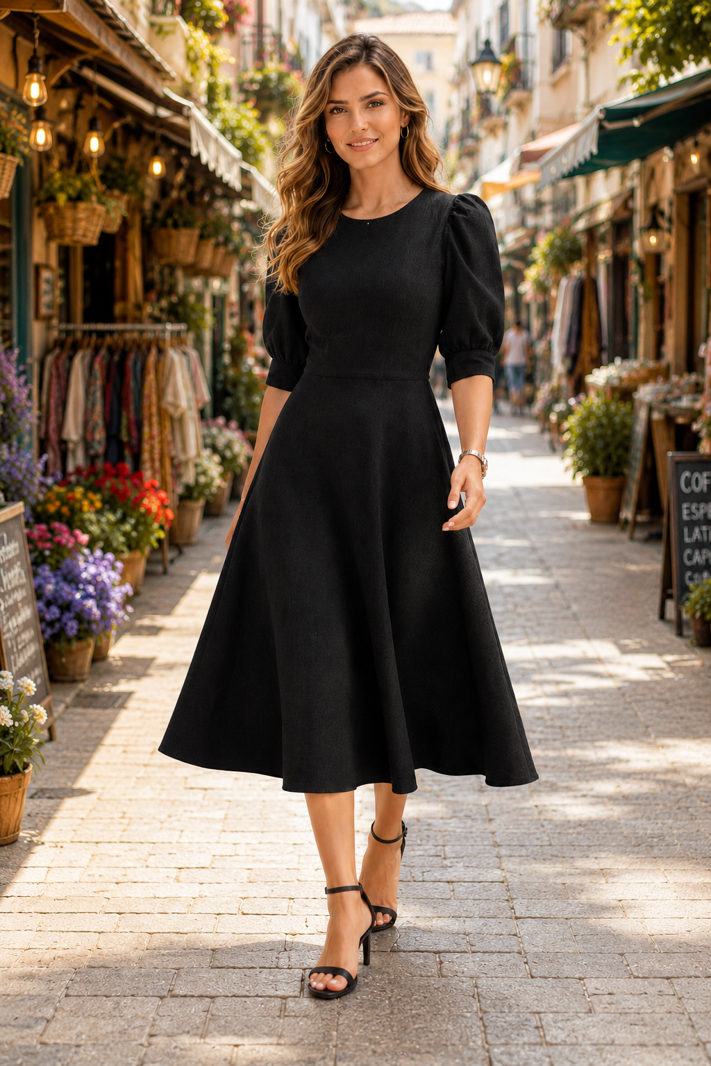 Midnight Stroll Black Elegant Midi Dress
