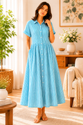 Azure Breeze Striped Button Front Cotton Maxi Dress