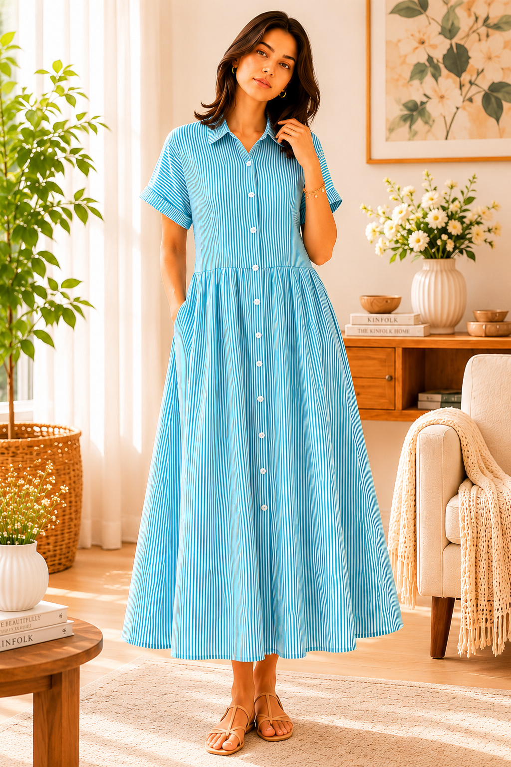Azure Breeze Striped Button Front Cotton Maxi Dress