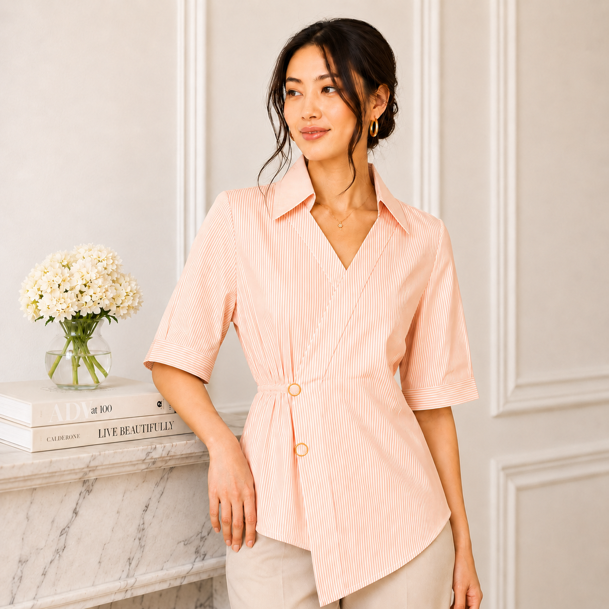 Peach Line Pinstripe Asymmetric Wrap Top