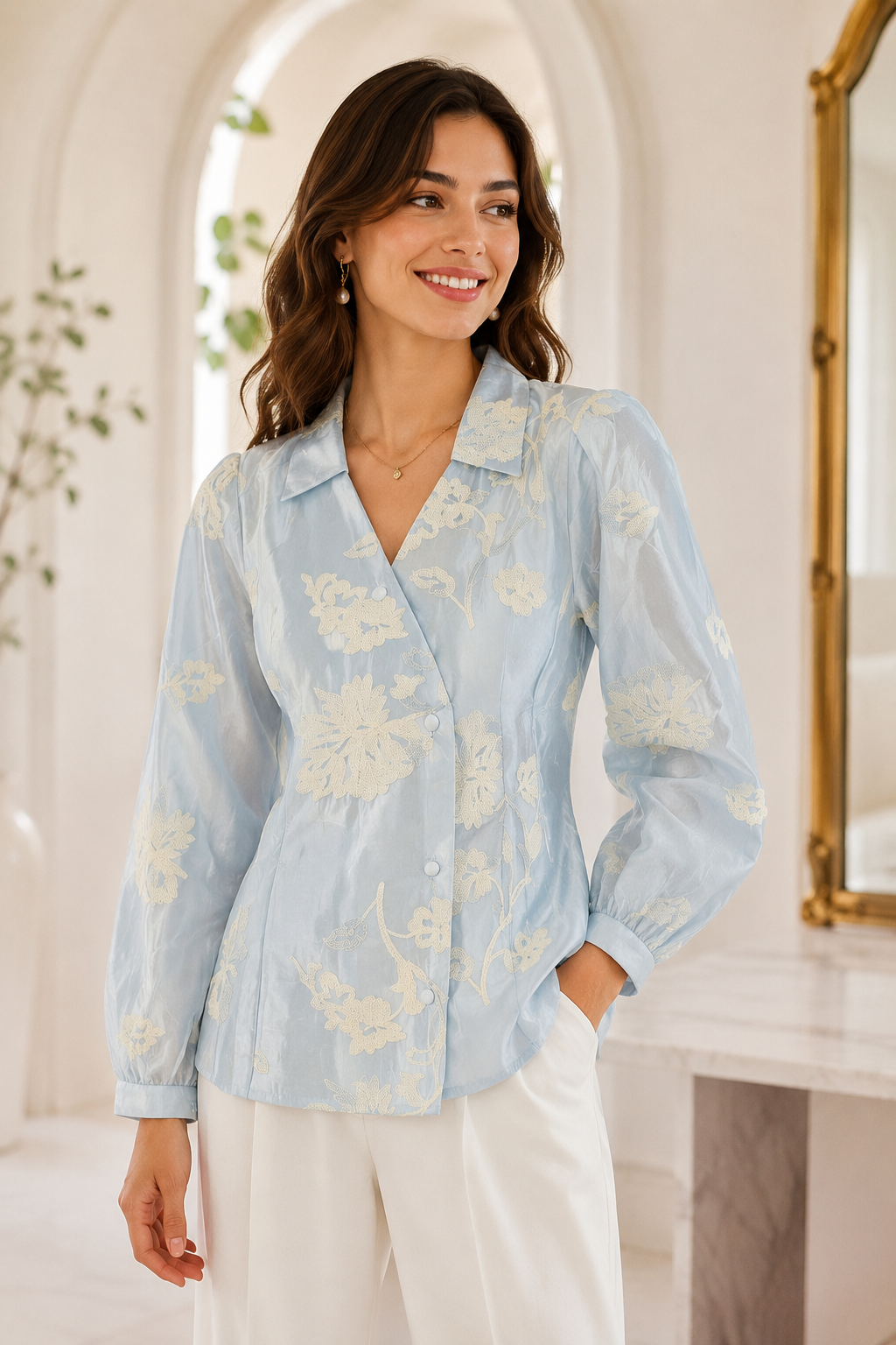 Powder Bloom Ivory Floral Embroidered Blouse