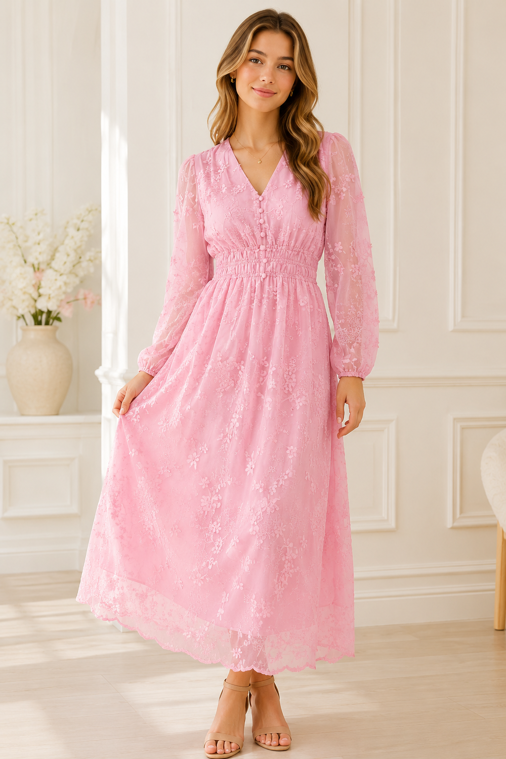 Rose Bloom Pink Embroidered Maxi Dress