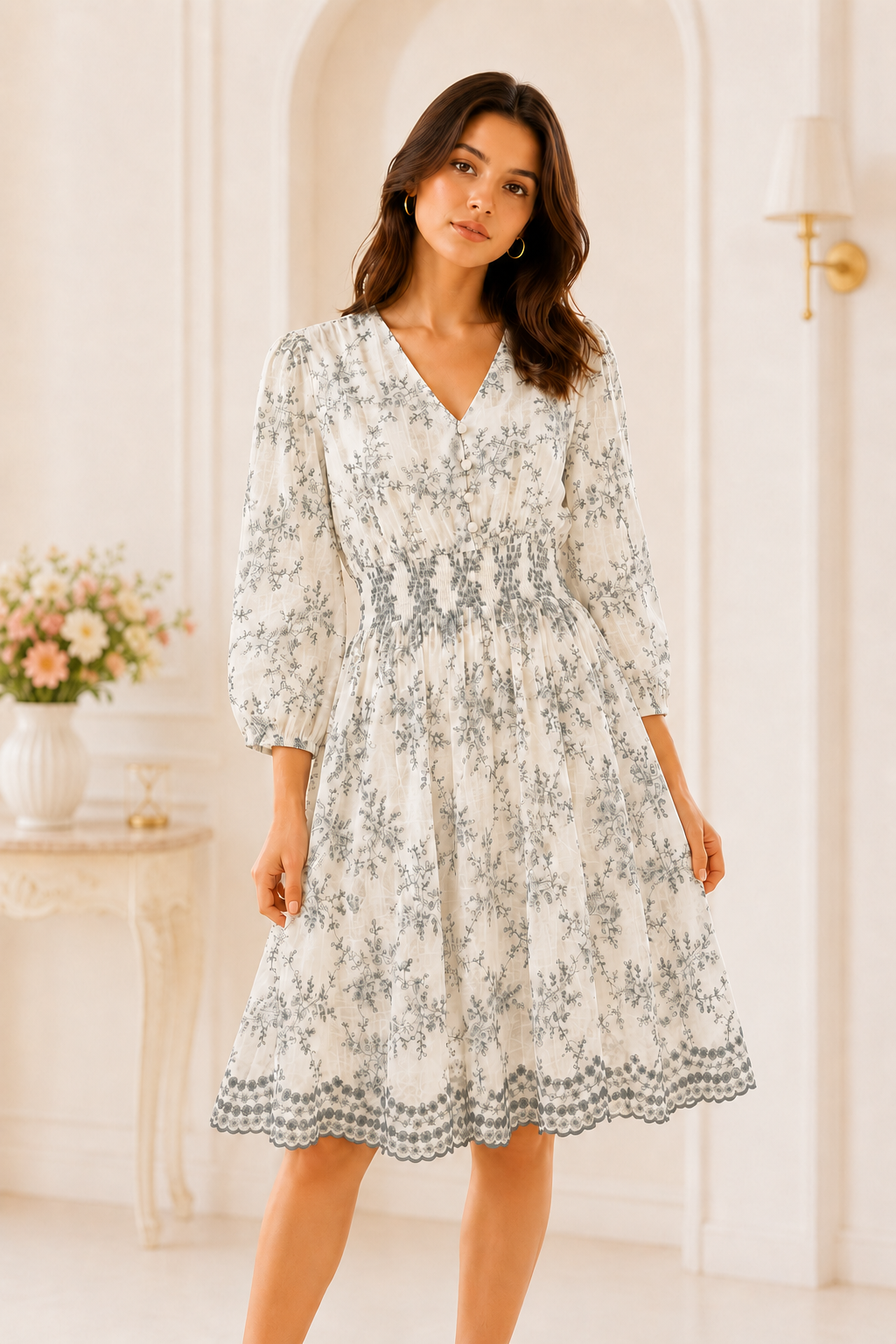 Silver Meadow Ivory & Gray Embroidered Midi Dress