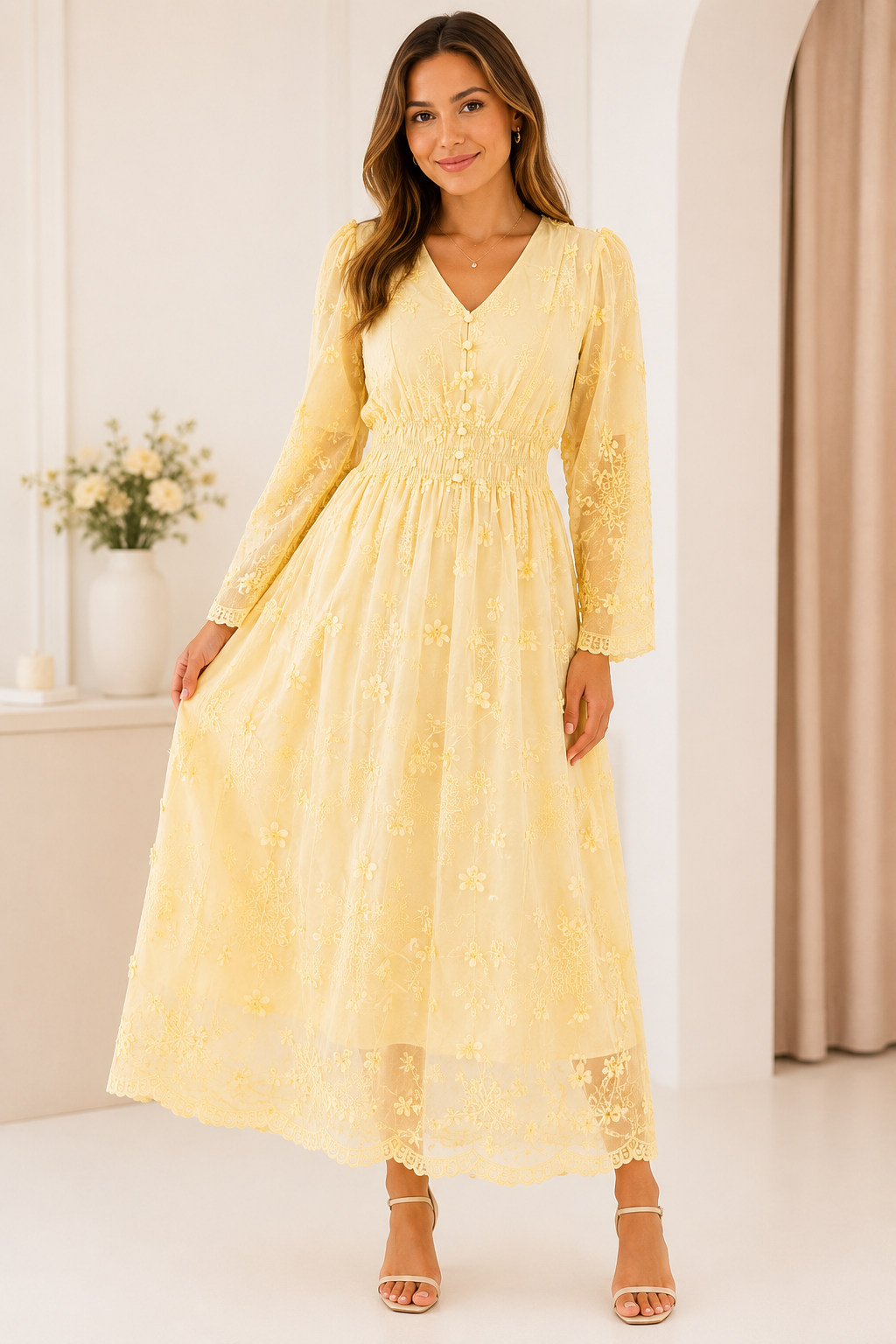 Sunshine Yellow Embroidered Lace Maxi Dress